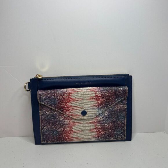 Lori Goldstein Leather Large Envelope Navy Snake Print Pouch Womens NWOT - Picture 2 of 10